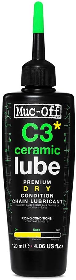 Muc-Off C3 Dry Weather Ceramic Lube - Ultra Durable Biodegradable Bike Chain Oil with Ceramic Coating and UV Dye - Reduces Friction for Road, Mountain Bike & Gravel - 120ml