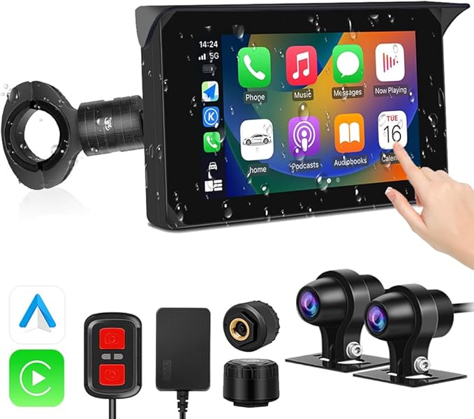 VSYSTO Motorcycle Carplay Screen, Wireless Carplay and Android Auto, GPS Navigation, Tire Pressure Sensors, WiFi 5 Inch Touchscreen HD 1080P Front and Rear Camera Motorcycle Dash Camera DVR (5inch)