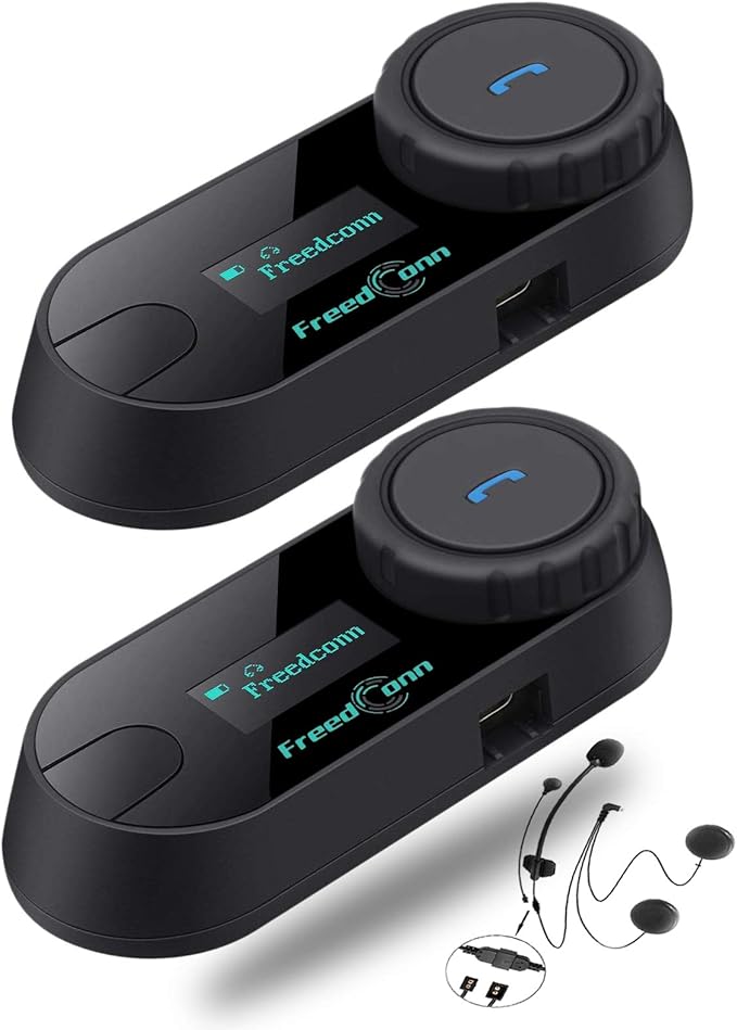 Motorcycle Helmet Bluetooth Headset T-COM SC 2Pack,2-Way 800M Universal Pairing BT5.0 Intercom Communication System kit for Motorbike,Interphone with LCD Screen/Music Sharing/FM/Siri/IP65/2 in1 mic