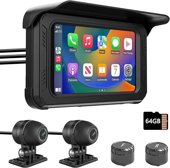 IXROAD Motorcycle Dash Cam with CarPlay and Android Auto, 1080P Motorbike Camera Front and Rear, 5" Touch Screen with GPS, TPMS, Sat Nav, 64GB TF Card