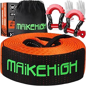 MAIKEHIGH Tow Rope 15 Ton (33,700 Lbs), 6M x 7.6cm Off-Road Recovery Towing Strap with 2 Upgraded Reinforced Shackles